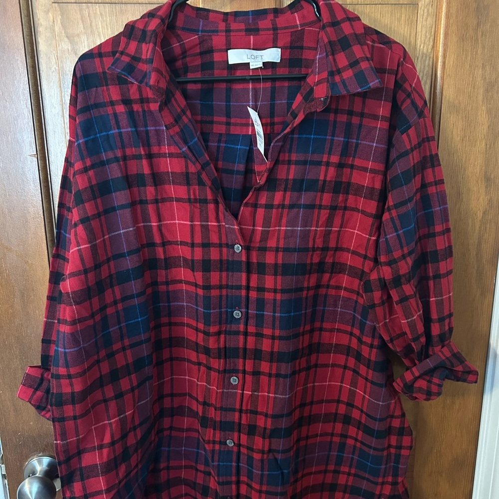 LOFT Red and Blue Plaid Flannel Button-Up Shirt